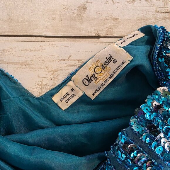 Vintage 80s Oleg Cassini Beaded Sequined Silk Blouse Teal Blue Glam Party - Picture 5 of 11